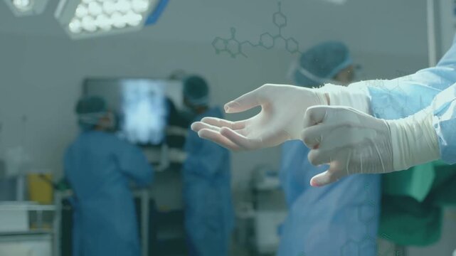 Clinician donning gloves after xray review, molecular overlaying hands, preparing surgery
