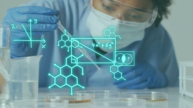 Lab tech pipetting petri dishes lowering pipette causing teal overlays forming research schematic
