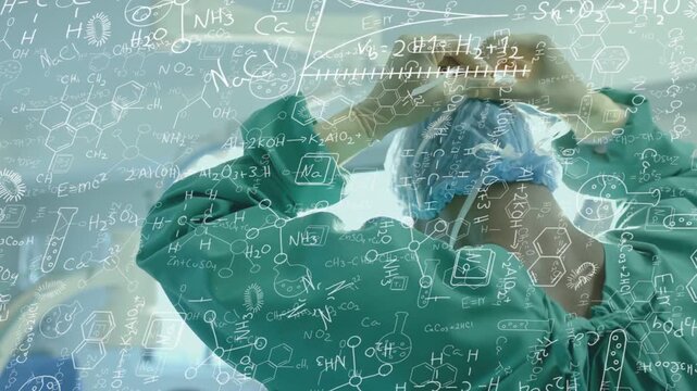 Surgeon adjusting cap and mask while preparing for surgery, translucent lab formulas overlaying