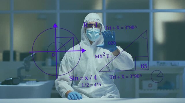 PPE-clad researcher at lab raising right hand driving purple math overlays and counters for science