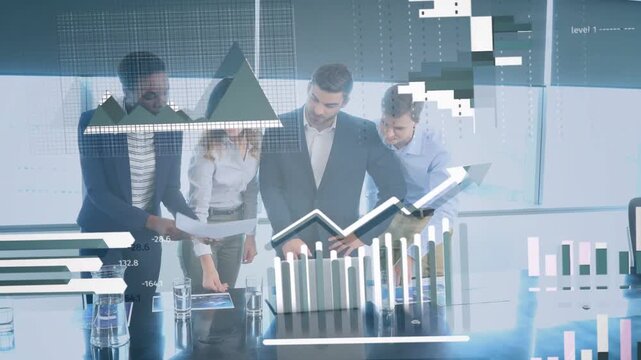 Business team leaning at table, tapping laptop and pointing papers, shifting holo bars, line graphs