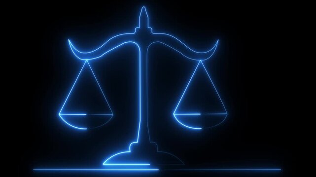 Glowing neon line Scales of justice icon isolated on black background. Court of law symbol. Balance scale sign. animation