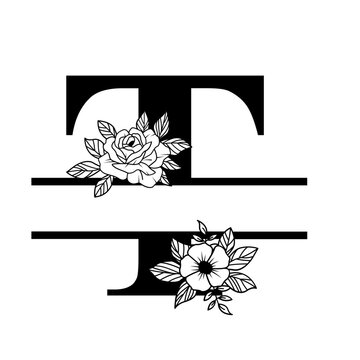 Letter T Floral Split Monogram SVG Rose Flower Initial Design for Cricut Silhouette Personalized Gifts