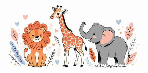 Cute safari and zoo animals set with zebra, elephant, lion, tiger, giraffe and birds, cartoon illustration, © Rujon