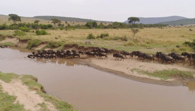Wildebeest River Crossing: Witness the Great Migration as a massive herd of wildebeest fearlessly navigate a flowing river in their annual journey across the African savanna.