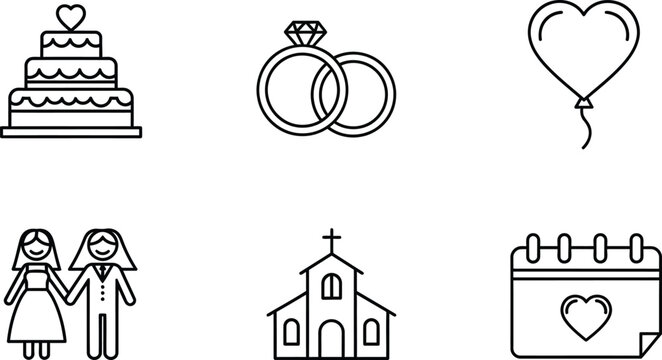 Wedding line of cake, rings, balloon, couple, church, calendar line cake heart balloon