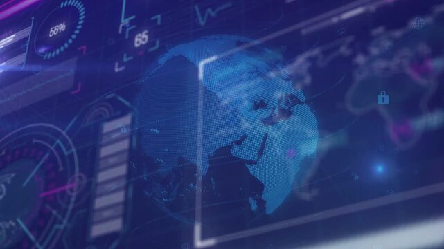 On data feed dotted globe rotating, select frame tracking continents, gauge rising showing metrics