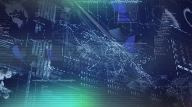 Scan band sweeping, wireframe world map pulsing while UI panels scrolling, visualizing global data