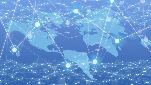 Global network overlay receiving data pulses, lighting nodes, drawing links, showing live routing