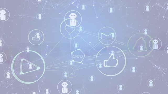 Faint node field fading in causing central icons linking, pulsing, scaling, showing user activity