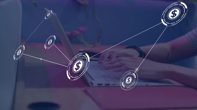 Hands typing on laptop growing coin network with connector lines, illustrating finance workflow