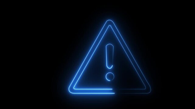 Animation of glowing neon Warning attention icon signal , alert , risk , safety, danger road warning sign animated .neon sign Warning alert icon isolated on black background