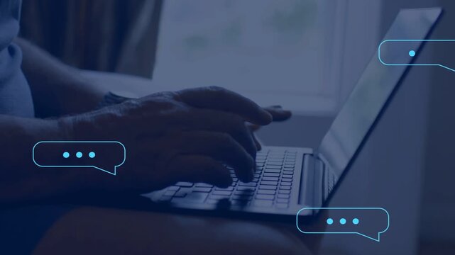 Chat bubbles appearing around laptop, hands starting typing, pausing, replying to messages