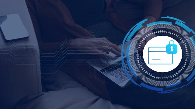Woman placing hands and typing on laptop after secure HUD appearing, sending finance data via phone
