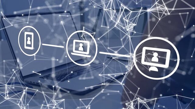 Woman viewing app starting tech net overlay over desk, device icons aligning and linking for access