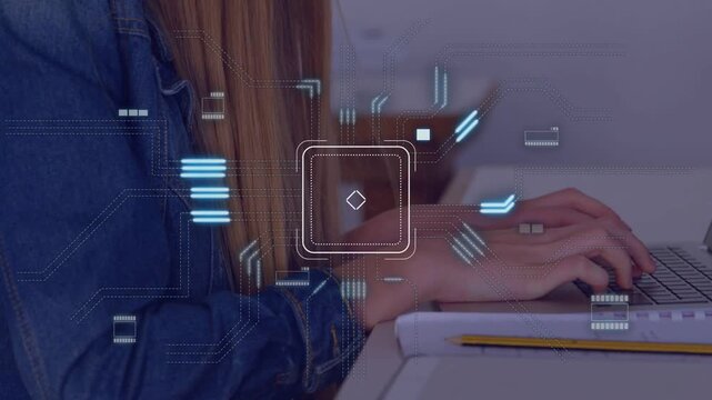 Teen student typing laptop making animated HUD elements converging to pulsing square while studying