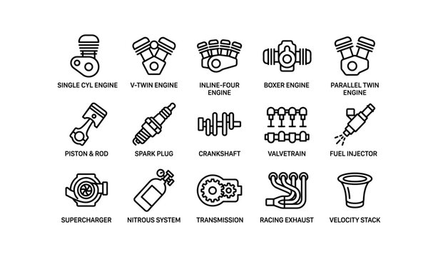 Engine components icons showing various engine types and parts