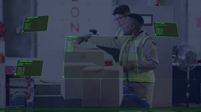 Two packers scanning boxes with scanner viewing tablet showing AR UI over boxes for logistics check