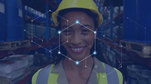 Woman standing hard-hat vest warehouse, glowing head node sparking hex grid safety net across face