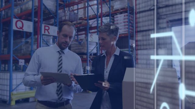 Man pointing, woman tapping tablet doing logistics check in warehouse overlay updating shelves Q,R