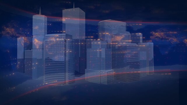Playback starting, holographic 3D city cluster pulsing and ghosting, visualizing data flow