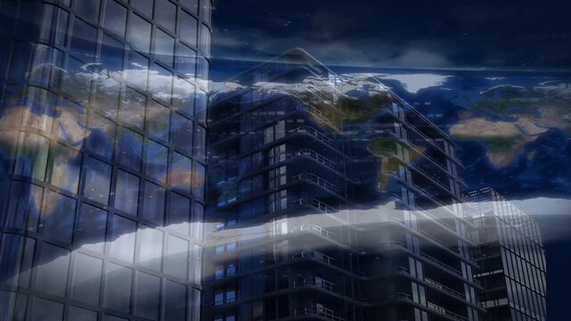 Global map initiating glow, luminous ribbon sweeping across twin towers, visualizing global data