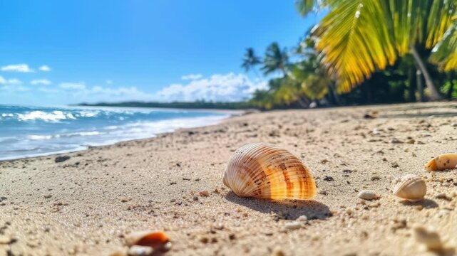 Seashell on the sand near the ocean with palm trees and blue sky. Tropical beach with sea shell close up perfect for travel concept background or Summer vacation.