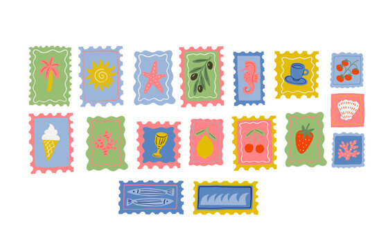 Hand drawn Postage stamp design. Sea travel. Underwater, animals and plants - postmark. Flat vector illustration on a white background.