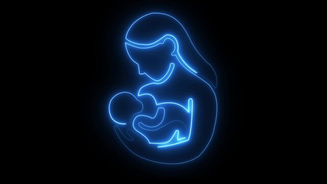 Neon mother holding baby icon with yellow and blue glow, nurturing care symbol.