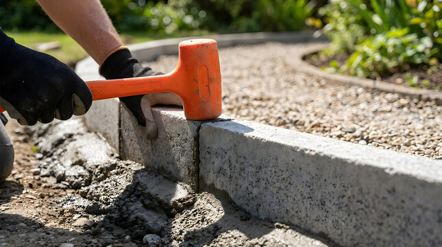 Installing concrete garden edging | worker using orange rubber mallet | landscaping path construction project | leveling concrete kerb stones