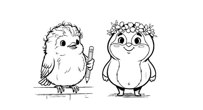 Cute Fluffy Bird with Pencil and Friend in Flower Crown