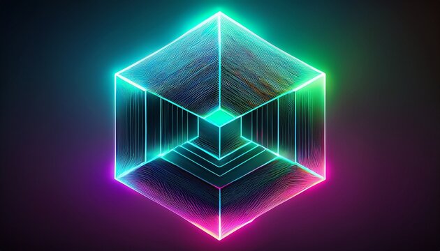 futuristic geometric polyhedron with glowing neon lights in blue green and pink representing technology and abstract design