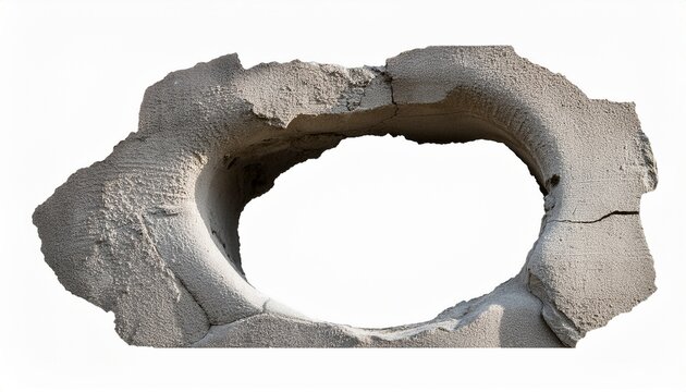 hole in concrete wall with rough edges cut out isolated on a white background