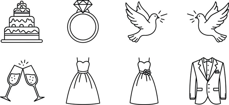 Wedding black line on white background, including cake, ring, doves, champagne glasses, dresses, tuxedo