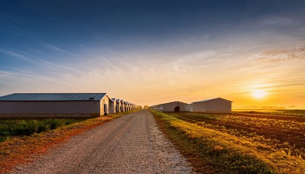 rural poultry farm at dawn with long low buildings and gravel path