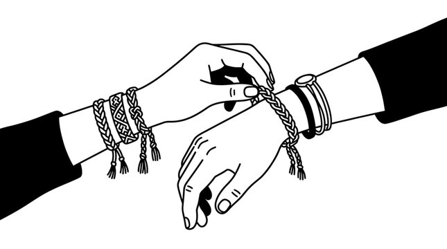Black and white line art illustration of hands tying friendship bracelets.