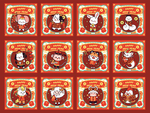 Kawaii chinese horoscope cards. Funny little zodiacal fauna, cute characters in traditional red clothes, new year symbols, decorative labels and icons, tidy vector cartoon isolated set