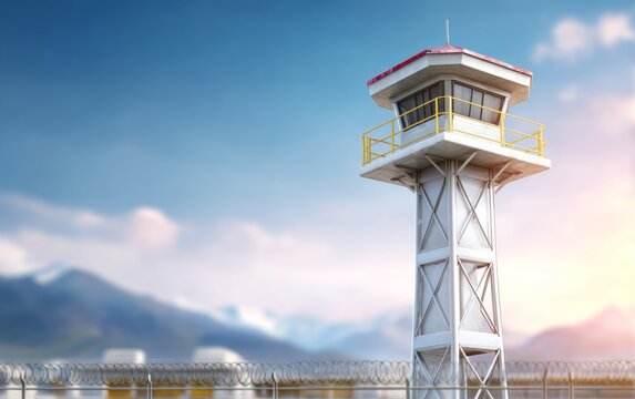 High Guard Tower Overlooking Empty Prison Grounds in a Vast Landscape