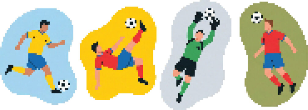 Pixel art soccer players set, retro 8bit football game characters