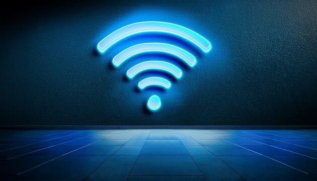 blue glowing wi fi on business office wall empty interior at dark night fast laptop internet connection technology and communication network hotspot data sharing symbol for device signal