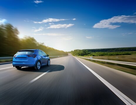 blue business car on the highway road vehicle transport at high speed blurred in motion modern automobile freeway drive outdoors