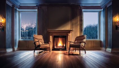 Fototapeta premium nobody in empty room with fireplace and two wooden armchairs at night beautiful evening home interior flame producing light in dark traditional vintage indoor architecture