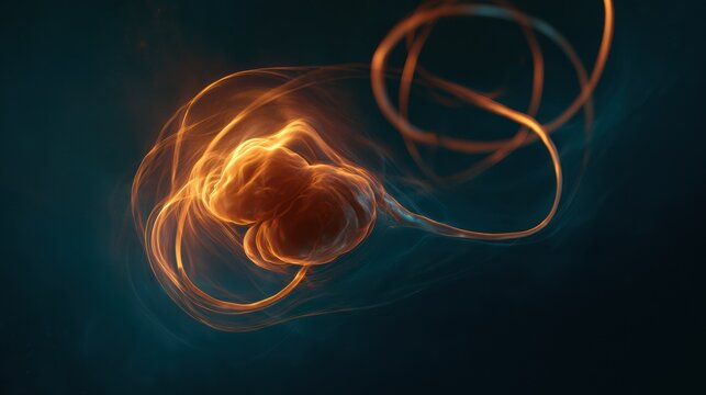 Human fetus at 28 weeks floats in bioluminescent fluid with an intricate umbilical cord in a cosmic dark background and dramatic lighting.