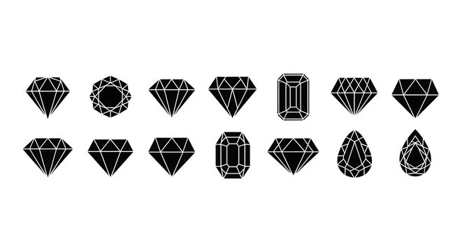 A collection of white line diamond featuring various geometric gemstone cuts and shapes arranged in two rows on a black background