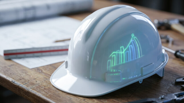 Construction helmet with management graph hologram on wooden table with blueprint and tools