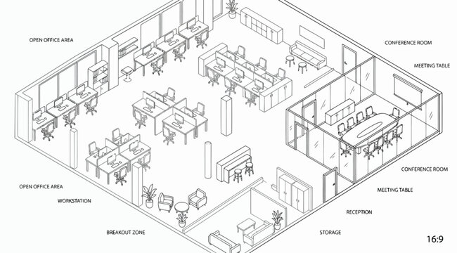 Isometric view of a modern openplan office interior with workstations, conference room, and breakout area