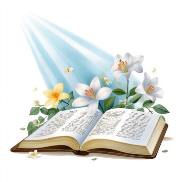 Inspirational watercolor cartoon clipart of open bible with white flowers and sunlight rays on white background