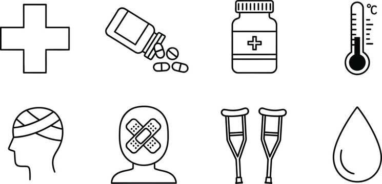 Medical including a cross, pills, bottle, thermometer, bandaged head, bandaged head with pills, test tubes, and a water droplet