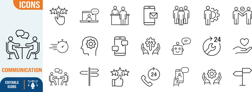 Business communication and support icons. phone icon set, gear icon set, laptop icon set