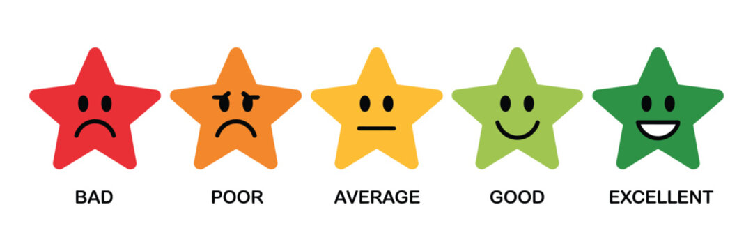 Five-star rating emoji icon set for customer feedback featuring black and colored star-based satisfaction scale.